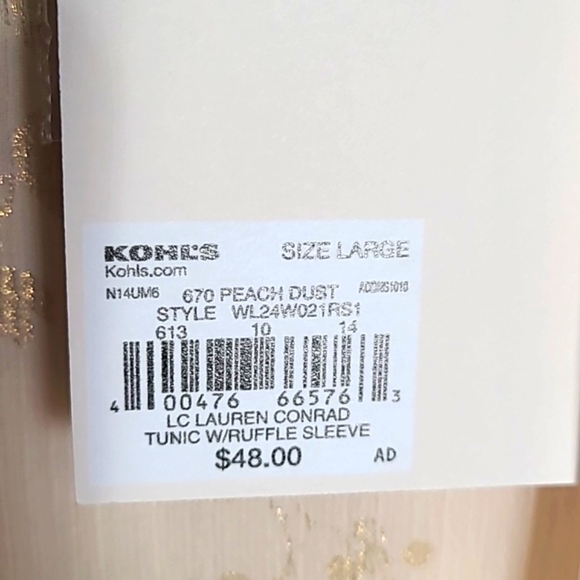 Lauren Conrad Pale Peach Blouse Sheer Overlay, Gold Etched Roses, Sz Large, NWT - Picture 9 of 11
